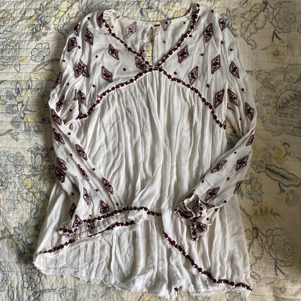 Free People White and Burgundy Boho Blouse